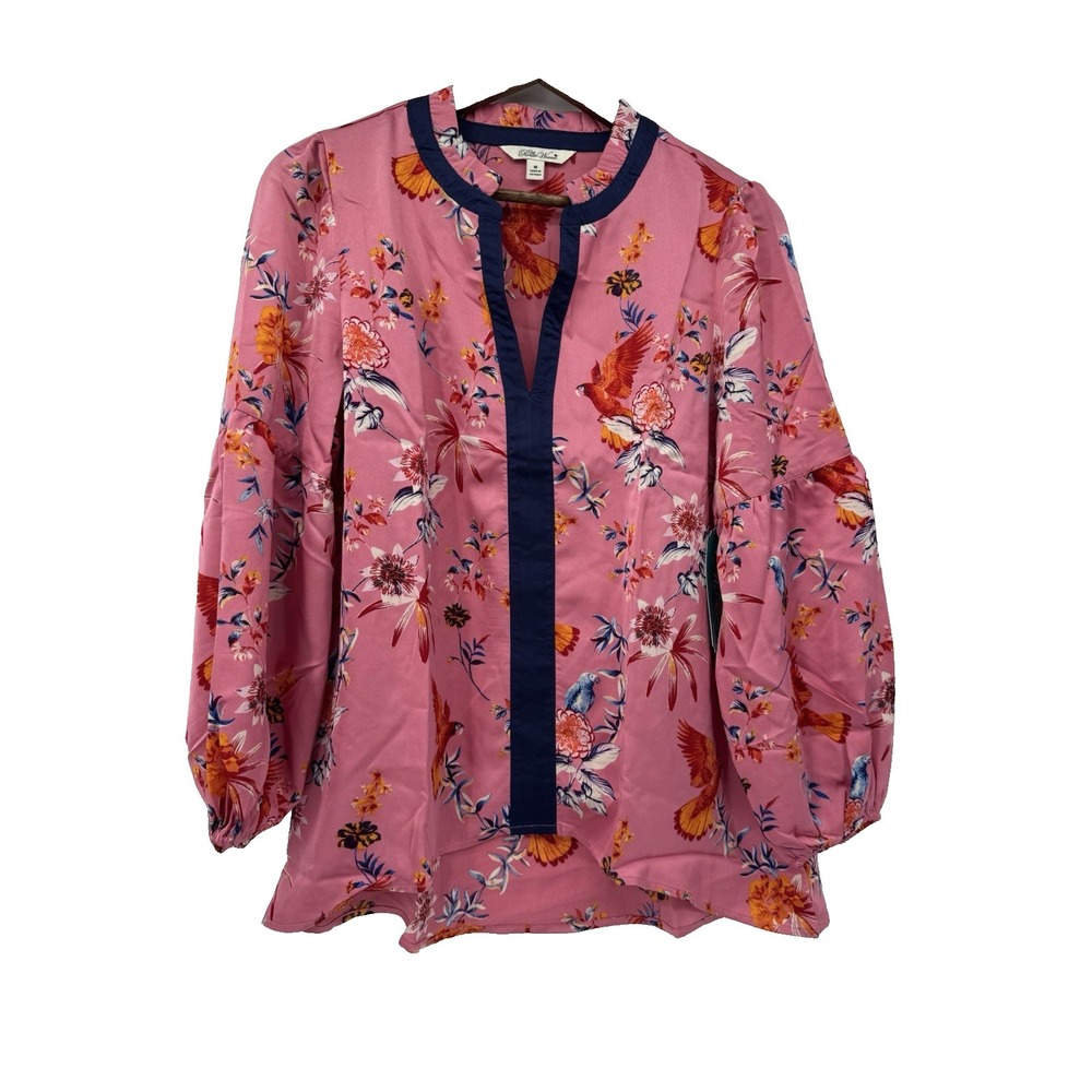 The Pioneer Woman V-Neck High-Low Blouse Pink Medium Balloon‎ Sleeve Bird Asian